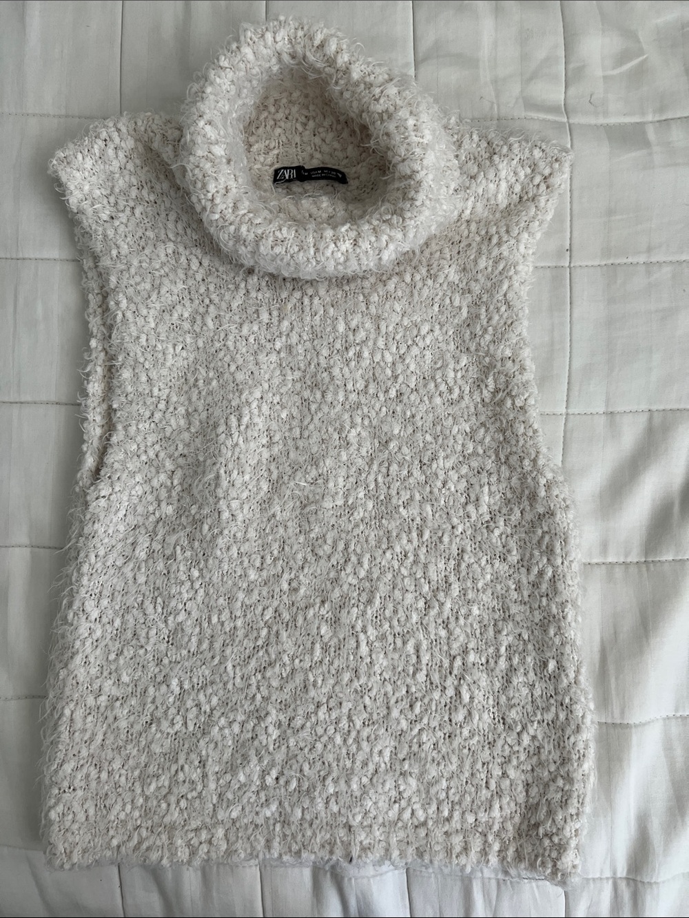 Zara Cream Bouclé Sleeveless Turtleneck Top